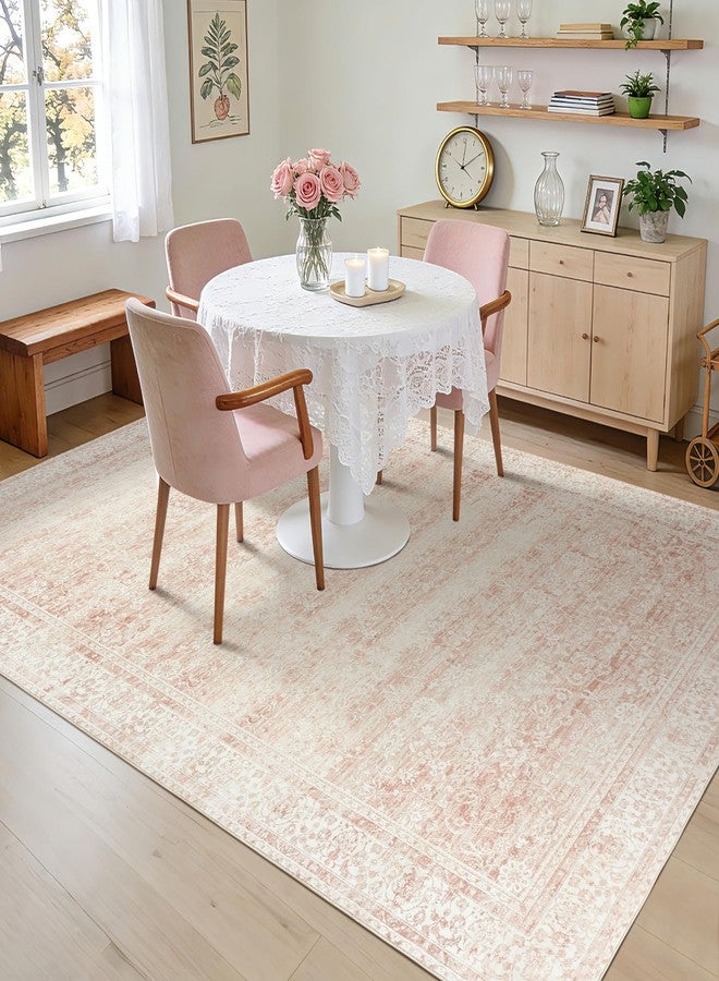BILEEHOME Light Pink Nursery Rug for Baby Girl Neutral Blush Pink Boho Floral Pattern Carpet 5 x 8 Washable Non Slip Low Pile Soft Surface Area Rugs for Living Room Bedroom Playroom,5x8 - Image 5